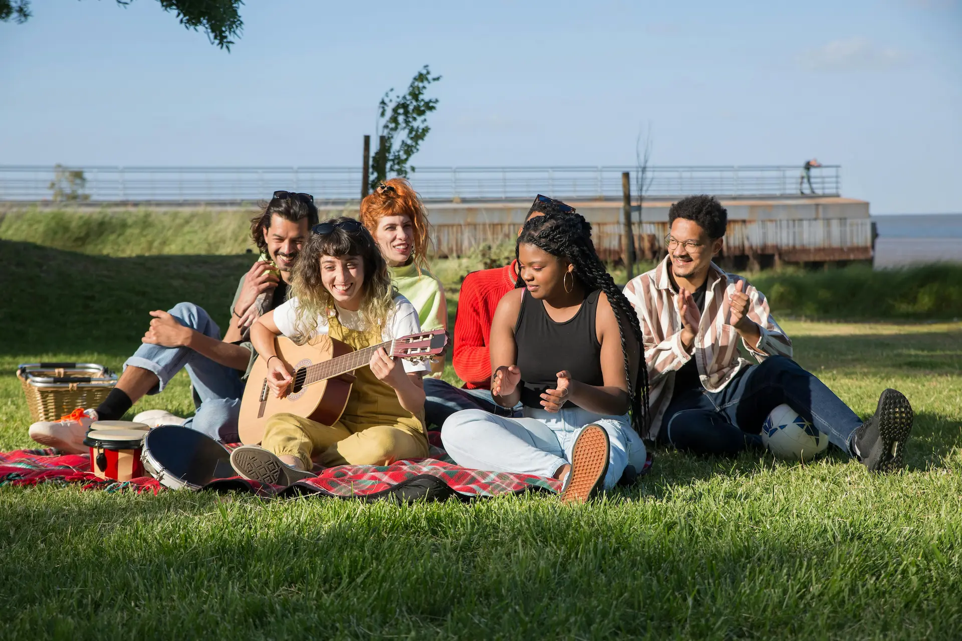 6 friends enjoying a picnic with music.